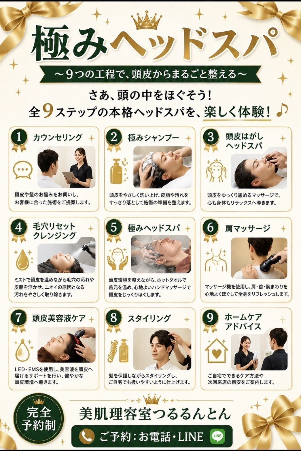 極みヘッドスパの工程表。9つの工程で頭皮からまるごと整える：1 カウンセリング／2 極みシャンプー／3 頭皮はがしヘッドスパ／4 毛穴リセットクレンジング／5 極みヘッドスパ／6 肩マッサージ／7 頭皮美容液ケア／8 スタイリング／9 ホームケアアドバイス