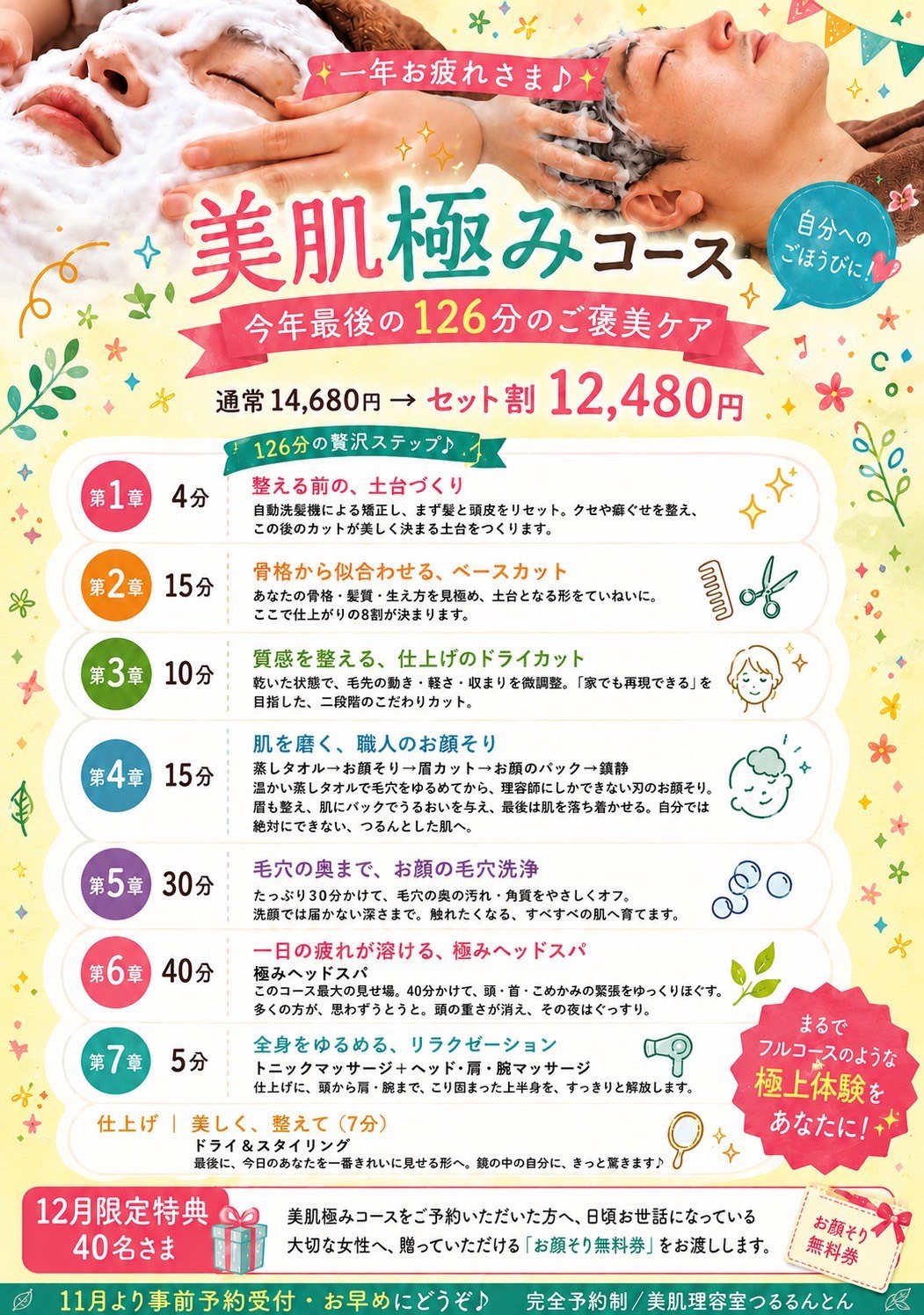 美肌極みコース。一年お疲れさま、今年最後の126分のご褒美ケア。12月限定特典でお顔そり無料券をプレゼント