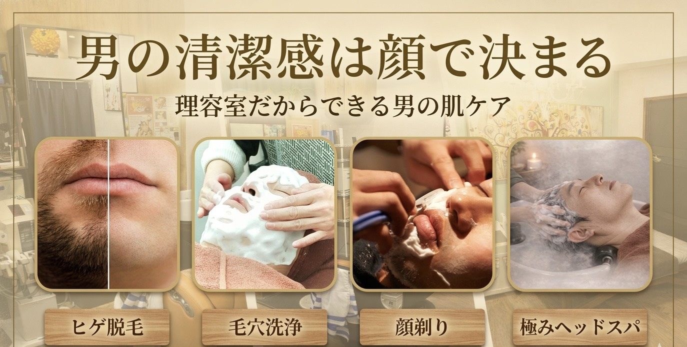 男の清潔感は顔で決まる。理容室だからできる男の肌ケア。ヒゲ脱毛・毛穴洗浄・顔剃り・極みヘッドスパの4つのケア